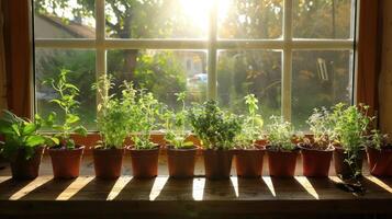 Lush green herbs growing in pots on a sunlit windowsill, creating a vibrant indoor garden scene photo