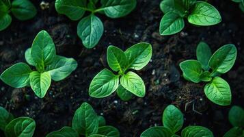 Close-up of vibrant green seedlings emerging from dark soil, showcasing growth in a garden setting photo