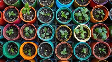 Vibrant assortment of young plants growing in colorful pots arranged in a neat grid pattern photo