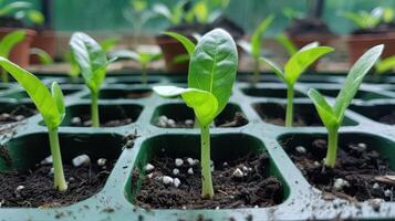 Fresh green seedlings growing in a greenhouse, showcasing new plant life and cultivation efforts photo