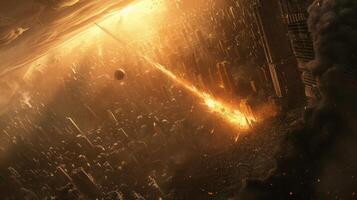 A futuristic cityscape engulfed in flames as a celestial event unfolds above, showcasing chaos photo