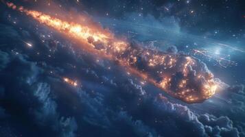 A vibrant comet streaking through the cosmos, illuminating clouds and distant stars in a cosmic scene photo