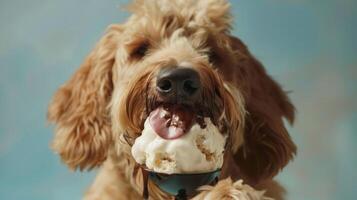 Happy dog enjoying a delicious ice cream treat in a playful, colorful setting photo