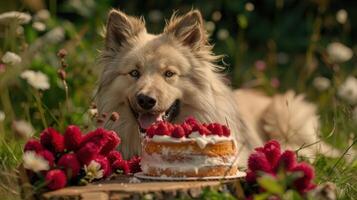 Happy dog enjoying a raspberry cake in a vibrant flower-filled garden during a sunny day photo
