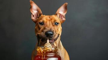 Playful dog enjoying honey with a honey dipper, set against a soft, blurred background photo