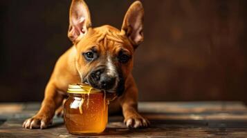Playful puppy enjoying honey from a jar on a rustic wooden table with a warm backdrop photo
