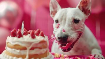 Joyful white dog celebrating with a strawberry cake at a vibrant birthday party setting photo