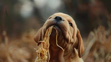 Playful puppy enjoying a mouthful of spaghetti in a natural outdoor setting with blurred background photo