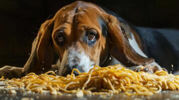 A curious dog intently gazes at a pile of spaghetti on a dark surface, with droplets of water around photo
