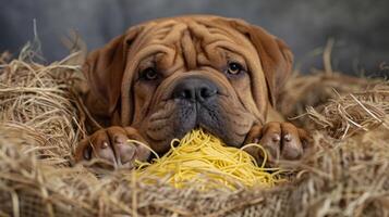 A Shar Pei dog resting on a bed of hay with a pile of spaghetti, showcasing a playful scene photo