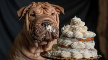 A playful Shar Pei dog enjoying a delicious multi-layered cake in a cozy indoor setting photo
