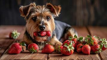A playful dog surrounded by fresh strawberries on a rustic wooden table, enjoying a snack photo