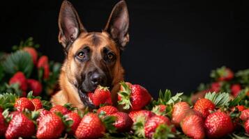A playful dog enjoying fresh strawberries surrounded by a vibrant display of fruit photo