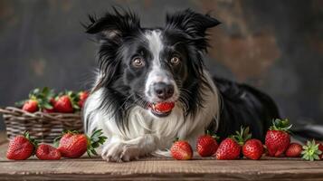 Playful dog enjoying strawberries on a rustic wooden table with a basket in the background photo