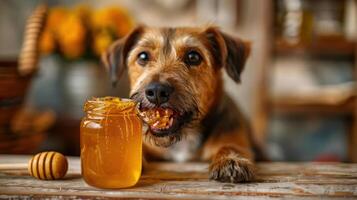 Dog enjoying honey from a jar on a rustic table with flowers in the background photo