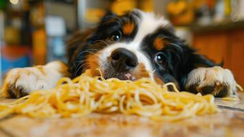 A curious dog lying on a kitchen floor, gazing at a pile of spaghetti with a playful expression photo