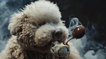 Playful dog enjoying a scoop of ice cream with chocolate drizzle in a smoky background photo