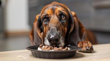 Dog enjoying a plate of treats in a modern kitchen setting with blurred background photo
