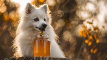 A fluffy white dog enjoying honey from a jar, surrounded by autumn foliage in a warm sunset glow photo