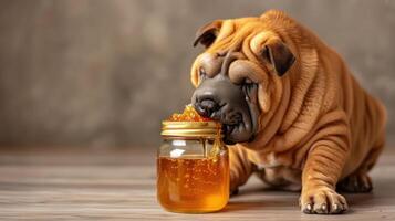 A cute Shar Pei dog curiously enjoying honey from a jar on a wooden surface indoors photo