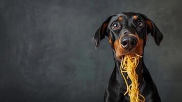 A playful Doberman with spaghetti strands hanging from its mouth against a dark backdrop photo