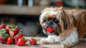 A playful dog enjoying fresh strawberries on a rustic wooden table in a cozy kitchen setting photo
