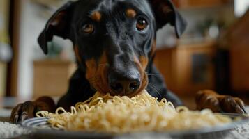 A curious Doberman dog enjoying a plate of noodles in a cozy kitchen setting photo