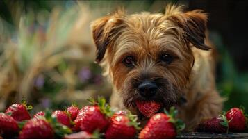 A playful dog enjoying fresh strawberries in a vibrant garden setting, surrounded by greenery photo