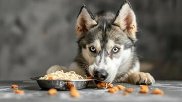 A husky dog curiously eating from a bowl of noodles on a textured surface with scattered snacks photo