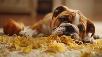 A playful bulldog lying on a carpet surrounded by scattered pasta, creating a humorous scene photo