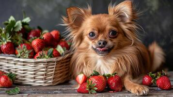 A playful Chihuahua surrounded by fresh strawberries in a rustic setting, evoking joy and warmth photo