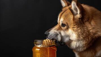 A curious dog reaching for a jar of honey, set against a dark background, evoking warmth and sweetness photo