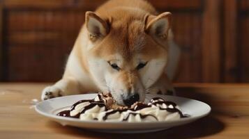 Shiba Inu dog eagerly enjoying a dessert plate with chocolate and cream in a cozy setting photo