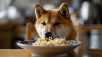 Shiba Inu dog curiously gazing at a bowl of noodles on a dining table in a cozy kitchen setting photo