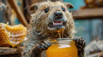 A joyful animal holding a jar of honey, surrounded by honeycombs and a rustic setting photo