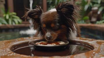 A small dog drinks from a shallow bowl in a lush garden, surrounded by greenery and water features photo