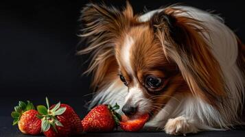 A small dog curiously enjoys fresh strawberries on a dark background, creating a playful scene photo