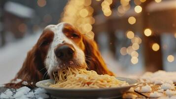 A dog enjoying a plate of spaghetti in a snowy outdoor setting with festive lights in the background photo