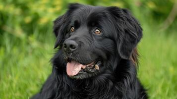 A close-up of a black dog with a joyful expression in a lush green garden setting photo