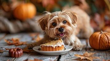 A small dog enjoying a slice of cake surrounded by autumn leaves and pumpkins on a rustic table photo