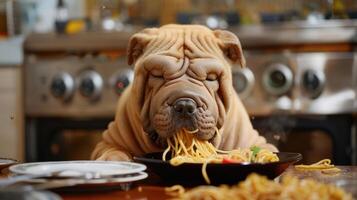A Shar Pei dog enjoying a bowl of spaghetti in a cozy kitchen with cooking utensils in the background photo