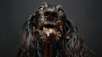Close-up of a playful black dog with a messy face, enjoying a treat against a dark background photo