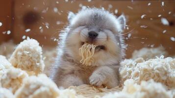 Adorable fluffy puppy joyfully playing with noodles in a cozy indoor setting photo