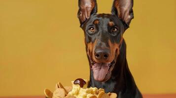 A joyful Doberman dog eagerly posing with a bowl of assorted snacks against a vibrant yellow background photo