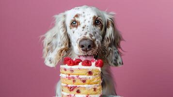 A playful dog joyfully enjoying a colorful cake with raspberries against a pink background photo