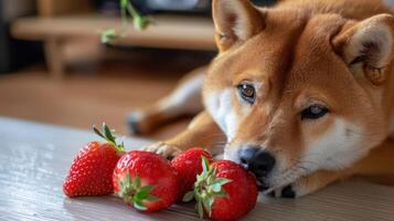 A Shiba Inu dog curiously examines fresh strawberries on a wooden surface in a cozy indoor setting photo
