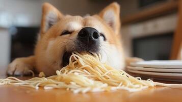 Shiba Inu dog enjoying a plate of spaghetti on a wooden table in a cozy kitchen setting photo