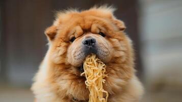 A fluffy dog with noodles in its mouth, sitting outdoors with a blurred background photo