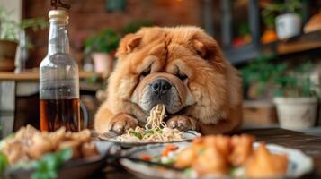 A fluffy Chow Chow dog enjoys a plate of noodles in a cozy, rustic restaurant setting photo