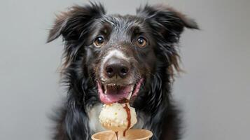 Happy dog enjoying ice cream cone with playful expression in a neutral background setting photo